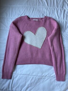 Pink Heart Crewneck Sweater with Pearl Trim